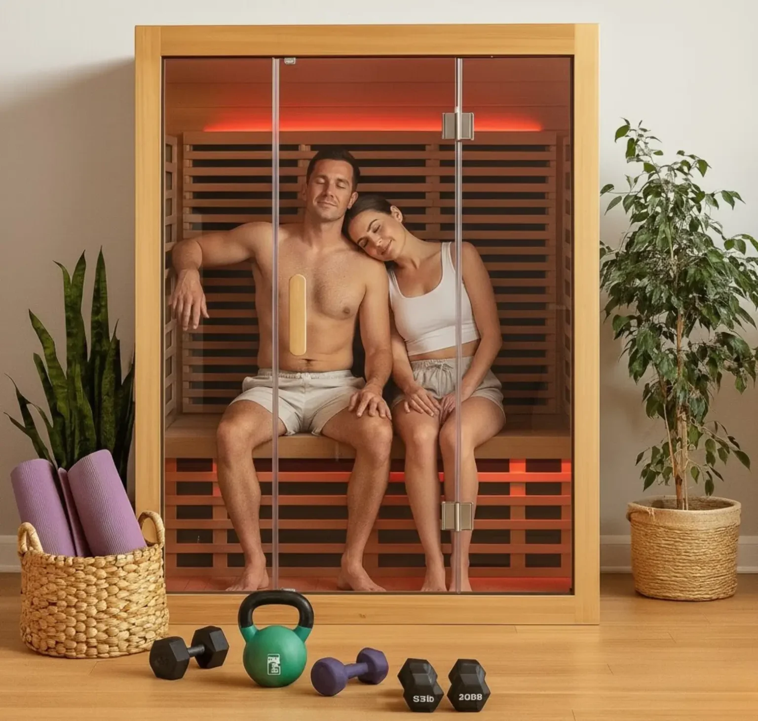 couple relaxing together inside an infrared sauna cabin at home, surrounded by workout equipment — illustrating how sauna use pairs with an active recovery routine