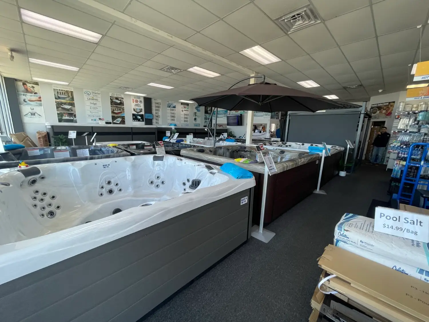inside the suntek pools & spas hot tub showroom in farmingdale, ny